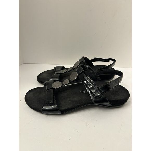Vionic Size 11 Black Farra Silver Disc Trim T Strap Sandals Shoes Adjustable - Picture 4 of 8